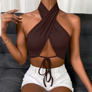 NWT SHEIN Chocolate Brown Tie Front Wrap Cross Halter Crop Top